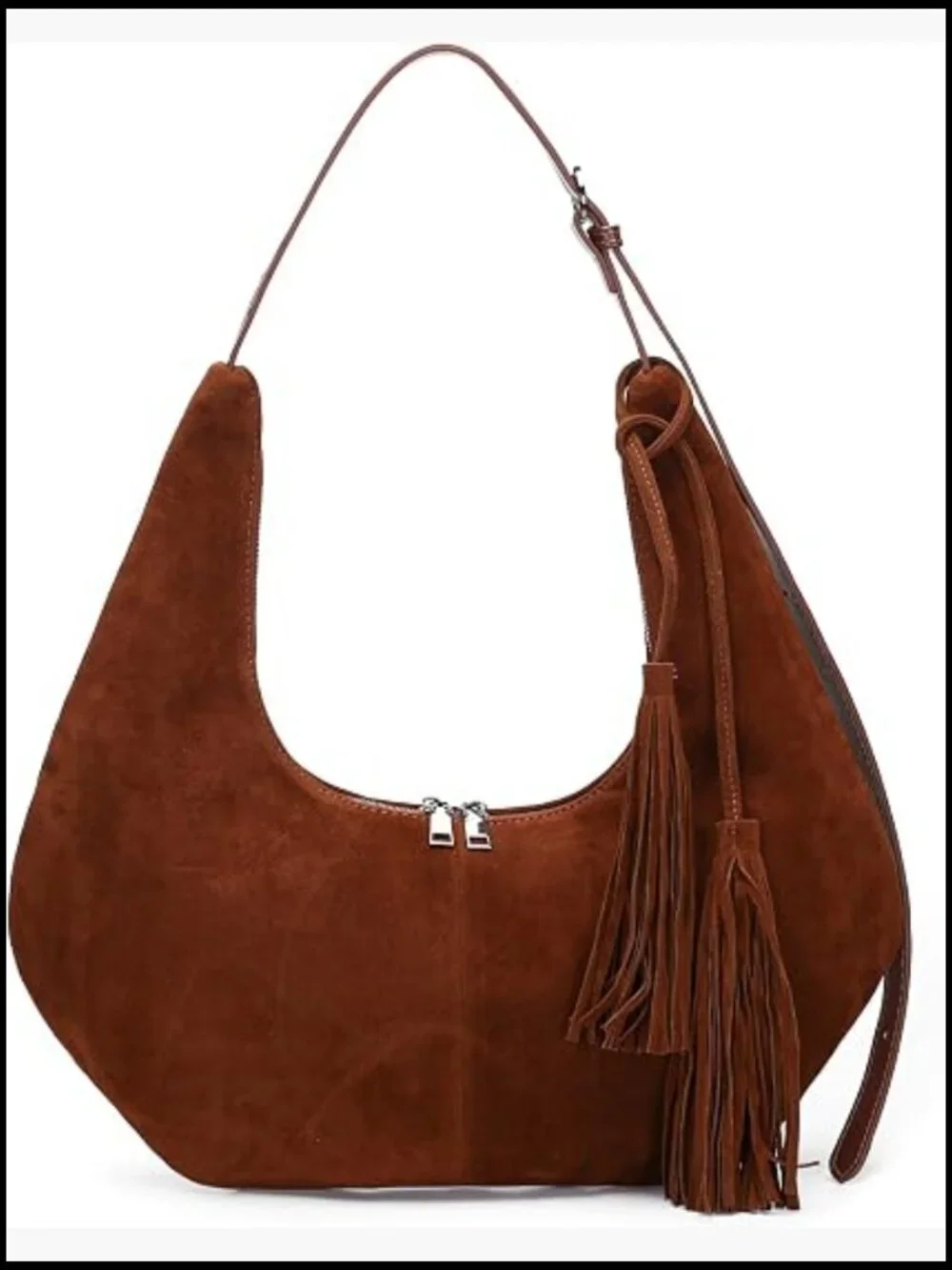 Tassel Suede Hobo Shoulder Bag Slouchy Crescent Crossbody Purse with Adjustable